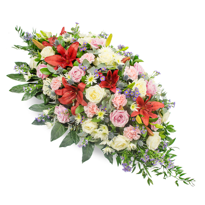 This large, traditional casket spray is photographed against a simple white background, highlighting its elongated, tapering silhouette and the richness of its colours. The arrangement is densely packed, beginning with a broad, domed section of blooms that gradually narrows into a pointed end, giving it a flowing, almost sculpted outline. Deep red lilies rise through the design as strong focal points, their star-shaped petals opening in generous layers that suggest resilience and devotion. Around and between them, a gentle mix of white, cream, and soft pink roses creates a soothing palette, their velvety petals ranging from tightly curled buds to fully opened blossoms that reveal intricate centres. Light pink carnations, with their many ruffled petals, nestle into the gaps and add volume, while smaller white chrysanthemum or daisy-like sprays bring a touch of lightness and air. Threaded delicately through the arrangement are distinctive blue-purple thistles and fine sprays of lavender-toned filler flowers, providing a cool, subtle contrast and a slightly wild, garden-inspired feel. All of this rests on a generous bed of deep green foliage, featuring broad, shiny leaves and feathery fronds that extend beyond the flowers, softening the outline and adding depth. The spray feels both refined and natural, like something thoughtfully prepared by Catford Flowers for a family saying goodbye at a local service near Ladywell or along Catford Bridge. It conveys love, remembrance, and quiet grace, suitable for resting atop a coffin or displayed as a central tribute during a memorial gathering.