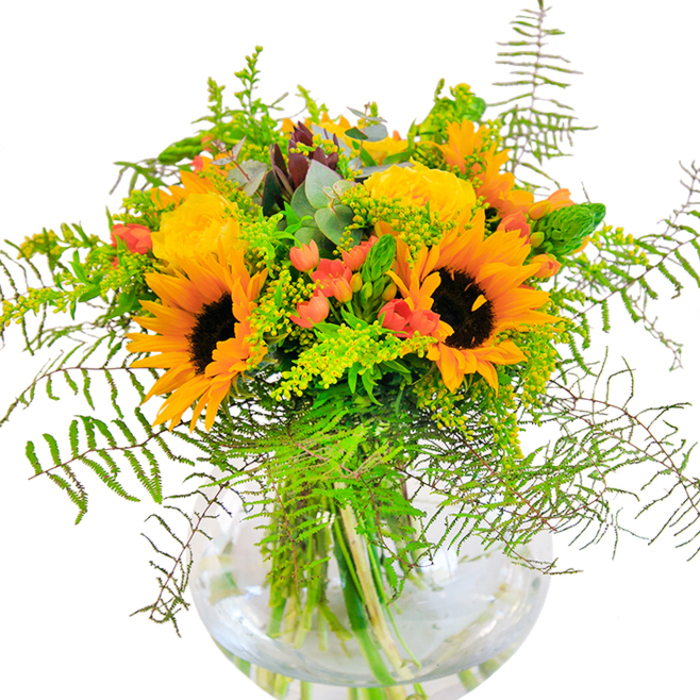 Upon first glance, this bouquet, thoughtfully arranged in a clear, rounded glass vase, bursts with the exuberance of Catford in full bloom. Towering sunflowers, their bold brown centers ringed by layers of yellow-orange petals, reach outward, casting an instant glow reminiscent of sunny afternoons in Ladywell Fields. Nestled close are classic yellow garden roses, each densely packed with petals unfurling in soft, spiral waves, radiating a gentle fragrance that hints of both rose gardens and untamed meadows. Dotted among the blooms are vibrant red hypericum berries, their glossy finish sparkling playfully amidst a rich assembly of foliage. Fern fronds, full of verdant texture, arch and drape gracefully, accompanied by wispy sprays of goldenrod dotted with petite yellow flowers-calling to mind the wild yet welcoming greenery of Catford's public spaces. Accented with sprigs of muted eucalyptus, the arrangement feels imbued with freshness, as if recently gathered from a local park. The fishbowl-like vase bathes the green stems in clear water, highlighting both the bouquet's structural harmony and the careful touch with which it was composed. Light dances across the petals and leaves, casting gentle shadows and deepening each hue, while the airy scent whispers of open fields and celebration. This creation is perfect for milestones, thoughtful gifts, or simply infusing a Catford home with the uplifting spirit found at Catford Flowers-where passion for local artistry blooms year-round.