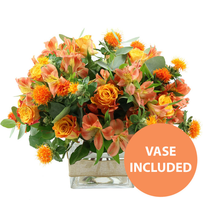A lavish bouquet in rich shades of orange, peach, and yellow is set against a spotless white background, allowing the colours and textures to take centre stage. The arrangement is dominated by full-headed orange roses, their petals layered in soft spirals, some subtly blushing to golden yellow at the core, creating a sense of depth and warmth. Among these are buttery yellow garden-style roses and clusters of peach and light orange alstroemeria, also known as Peruvian lilies, whose slender petals curl slightly at the tips. Many of the alstroemeria blooms are delicately marked with fine streaks and speckles in warmer tones, adding intricate detail that suggests the careful hand of an experienced florist. Punctuating the design are small, perfectly round, spiky orange blooms, like miniature suns, likely safflower or thistle-type flowers, which bring a bold, textural contrast to the velvety roses and silky lilies. Surrounding and weaving through the flowers, soft eucalyptus leaves in muted sage green mingle with darker greenery, creating a layered, verdant base that frames the vibrant heads of the blooms. The composition is gathered into a clear square glass vase, through which the cleanly cut stems and fresh water can be seen. Around the midsection of the vase, a strip of natural burlap or jute is wrapped in a neat band, adding a rustic, handcrafted touch that would feel at home in a cosy Catford living room overlooking Mountsfield Park. In the bottom right corner of the image, a bright orange circular graphic carries the white, all-cap text VASE INCLUDED, signalling that the arrangement comes as a complete, ready-to-display gift. The overall impression is one of joyful warmth and generous colour, ideal as a centrepiece for a family gathering or a celebratory delivery within Catford.