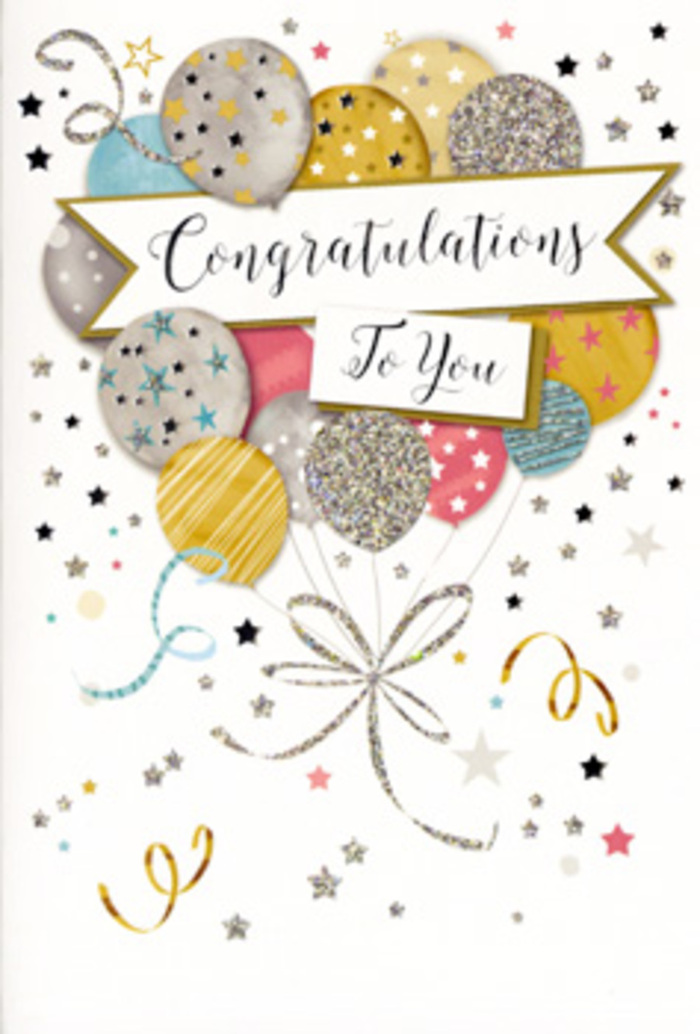 The congratulations card in this image is beautifully illustrated, almost like a scene you might find in the window of a Catford boutique after a local celebration. A generous bouquet of balloons dominates the composition, rising gracefully from the lower edge and fanning out towards the top, each balloon rounded and full, with the faint sheen of satin or metallic ink. The colour palette is harmonious and gentle: warm golds, soft silvers, delicate champagne, muted sky blue, blush pink, and a quiet grey, all working together with a refined ease. Some balloons are adorned with twinkling stars, others with fine bands or tiny dots of glitter, giving the whole cluster a sense of depth and texture. At the base, their strings twist and swirl downward in thin ribbons of gold and silver, looping across one another like the trailing stems in a hand-tied bouquet. Surrounding the balloons, an airy scattering of stars, tiny confetti, and playful curls drifts across a pale, almost luminous background, evoking the carefree mood of a surprise gathering after work near Catford Bridge station. Across the centre, a gently curved banner unfurls, bearing the words Congratulations To You in an elegant, slightly flourished script that conveys both formality and affection. The overall feeling is one of sophisticated festivity-joyful without being loud, sparkling yet still calm. It is an image that suits a graduation, a promotion, or the quiet triumph of a new chapter, much like how a carefully chosen arrangement from a local florist can turn a simple moment of good news into something that feels truly significant and worth remembering.