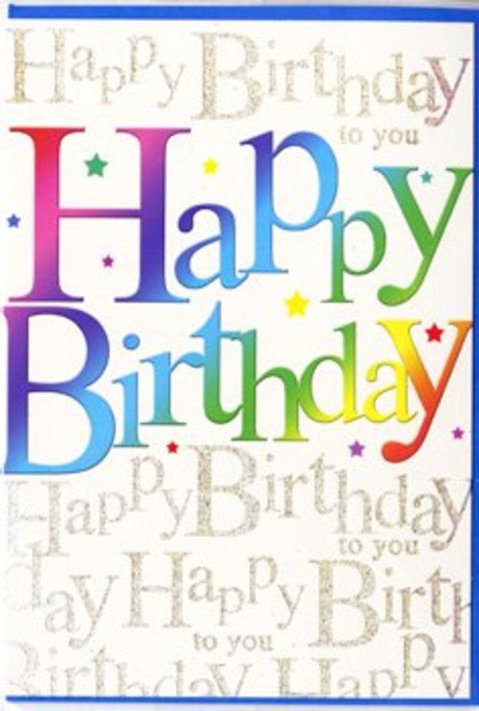 The front of this birthday card radiates celebration, much like the energy along Catford Broadway when the shops are in full swing. At its heart, the words Happy Birthday stride across the card in big, bold letters, each one dressed in a different segment of the rainbow. The colours melt gently from cherry red into apricot, sunflower yellow, leafy green, sky blue, and deep indigo, as if the letters have been dipped in bands of party bunting. The tones are rich and saturated but softly graded, giving the whole phrase a sense of movement and fun, similar to twisting streamers or curling ribbons in a Catford Flowers birthday bouquet. Behind this vivid headline, the background is filled with a repeating pattern of the words Happy Birthday to you written in slender, flowing gold script. The script is tiny compared to the main message yet intricate and elegant, creating a shimmering tapestry that feels almost like musical notes behind a solo singer. Depending on how the light hits it, the gold would likely glint with a metallic sheen, offering little flashes of brightness as the card is opened or displayed on a mantelpiece in a Catford home. The card stock appears smooth and substantial, the sort of quality you'd expect from a carefully chosen greeting, with the coloured letters possibly standing slightly raised to the touch. Overall, the design blends playful, youthful joy with a refined, timeless backdrop, making it suitable for a wide range of ages and personalities-a card that feels right at home alongside fresh birthday flowers delivered across SE6.