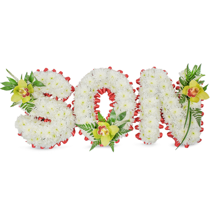 A meticulously assembled floral tribute spells SON in sculpted three-dimensional letters, each shaped from a dense blanket of small, immaculate white chrysanthemums that create a soft, sculptural surface against a neutral white background. The crisp whiteness reads as quiet respect, while a vivid red ribbon has been carefully looped along the outer contours and into the O's interior, forming a scalloped edging that supplies a vivid, symbolic contrast. At three deliberate points the design is eased with lime-green Cymbidium orchids: one tucked into the S's upper left curve, another cradled in the O's lower center, and a third placed on the upper right of the N. The orchids' yellow-green petals and darker reddish-brown throats give warm focal notes, and their waxy texture plays against the chrysanthemums' powdery petals. Around each orchid, sprigs of glossy leaves and delicate fern fronds fan and trail, introducing movement and a natural, garden-like quality to the structured letters. The photograph captures the arrangement's subtle depth, from the chrysanthemums' tiny petal tips to the satin sheen of the ribbon and the orchids' smooth surfaces; under soft studio light the shadows define the letters without harshness. This composition is intended as a funeral or memorial tribute - ideal for a graveside or service in the Catford area, perhaps near Mountsfield Park or the Broadway - where families seek a personal, respectful expression of love and remembrance for a son. The piece reads as both crafted artistry and intimate sentiment.