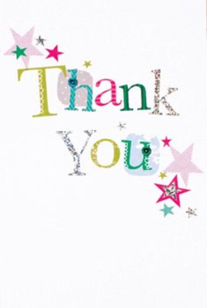 There's a quiet exuberance woven into the design of this thank you card, its joyful arrangement of colours and patterns reflecting the collegial spirit of Catford. Across the front, each letter in 'Thank You' has a distinct flair: playful curves, whimsical polka dots, and delicate stitched flourishes in hues of sunny green, deep pink, and peacock blue, accented now and then with a whisper of silver. Stars in sparkling pink stripes, rich turquoise, and soft metallics gather near the message, as if bestowing their blessings-an echo of starlit evenings overlooking Ladywell Fields. The crisp white background is the perfect stage, lending clarity and elegance to every detail, while the composition remains airy, never crowded. The tactile raised print and touches of glitter suggest a handcrafted approach, reminiscent of handmade Catford greeting cards. This card strikes a balance between sophistication and warmth, ensuring its gratitude feels sincere whether accompanying a cheerful posy delivered to Downham or set beside a freshly arranged bouquet in Catford Flowers' shop. There is a universal gentleness here, an understated artistry that lingers, much like the afterglow of a heartfelt thank you received from a close friend.