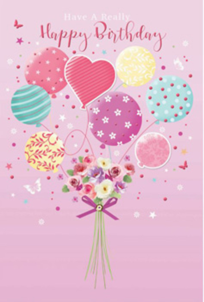The image presents an enchanting birthday card illustration where a bouquet of balloons appears to lift a small garden of flowers into the air, as if floating above the rooftops of Catford on a clear, gentle day. The background is a soft pink wash, calming and warm, against which the pastel tones of the balloons stand out without ever shouting. Pale sunshine yellow, rosy fuchsia, lavender, and sea-glass green blend together in a loose cluster that rises confidently upward. Each balloon carries its own decorative story: some are ringed with candy-like stripes, others are sprinkled with tiny dots, while a few are adorned with hints of floral prints, echoing the bouquet below. Their glossy surfaces are touched by subtle highlights, suggesting afternoon light reflecting, similar to the way sunlight glints off shop windows along Sangley Road. At the base of the design, a delicate hand-tied bouquet gathers the eye. Petite roses and daisy-style blooms nestle together in shades of cream, blush pink, and soft mauve, their petals shaded as though kissed by morning light in a Catford back-garden. There is a sense of texture in the illustration: you can almost feel the velvet of the petals and the smooth pull of a ribbon between your fingers. A sparkling purple bow secures the stems, the kind of elegant finishing detail a local florist might add before a birthday delivery across Bellingham or Hither Green. Around the flowers and balloons, whimsical butterflies and tiny stars float, suggesting motion and a quiet sense of wonder. The entire composition radiates gentle jubilation and tenderness, capturing the feeling of being cherished on your special day with a bouquet designed to make you pause, smile, and feel truly celebrated.