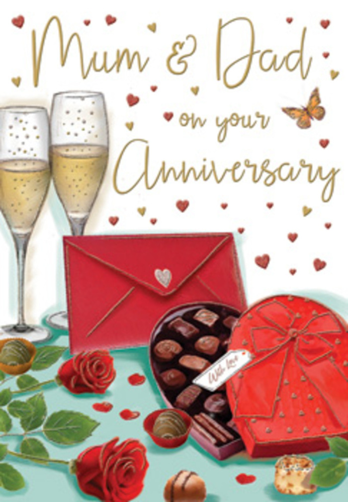 Luxuriously detailed anniversary card artwork that portrays a moment of shared celebration for devoted parents, as if inspired by a quiet evening in Catford after a long, happy marriage. In the centre of the card sit two tall champagne glasses, crystal-clear and slender, filled with sparkling golden wine whose fine bubbles rise in soft streams, catching highlights like fairy lights along Catford Road at dusk. Just below them, a heart-shaped box of chocolates opens invitingly, revealing smooth, rounded truffles snug in their compartments; an opulent red satin bow curls across the lid, its folds rich with shadow and shine. To the side, a pair of vivid red roses rest atop a surface suggested as a table, their petals deeply layered and plush, offset by glossy green foliage that hints at a freshly cut arrangement from a local Catford florist. A few loose chocolates are scattered nearby, adding a playful, indulgent touch. Surrounding the central motif, gentle swirls of gold and crimson hearts hover against a soft-toned background, framing a graceful hand-lettered message for Mum & Dad that instantly anchors the card as an anniversary tribute. A bright scarlet envelope lies slightly to one side, its pointed flap suggesting a carefully written note tucked inside, full of appreciation and family stories. The overall lighting feels warm and mellow, like lamplight spilling across a kitchen table, conveying a sense of comfort, gratitude, and the kind of enduring love that is celebrated year after year across Catford homes.