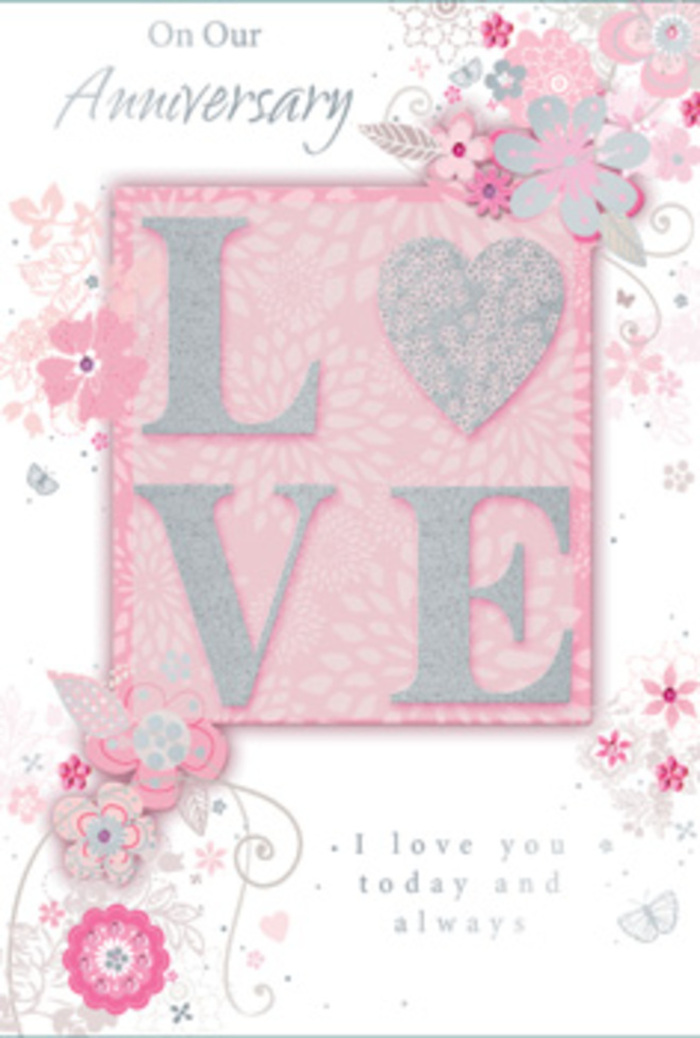 Opening this anniversary card feels a little like stepping into a sunlit room above Catford Broadway, where love is quietly treasured in the small, everyday moments. The main motif, the word LOVE, is rendered in soft blush tones and frosted silver glitter, its raised, slightly cushioned letters offering a gentle tactile delight. Light seems to catch on the glittered edges, much like morning sun reflecting off fresh petals in the window of a local florist. Around the central word, wispy, hand-drawn blooms and airy sprays drift along the borders, their colours blending from blush pink to lilac and creamy ivory. The flowers are stylised rather than photorealistic, with fine lines and subtle shading that recall a florist's loose sketch when planning a romantic anniversary design for a Catford home. Delicate filigree curls, tiny leaves, and almost-hidden butterflies weave between the blossoms, suggesting the flutter of hearts and the soft rustle of foliage in a sheltered garden near Mountsfield Park. The background is a gentle wash of pastel pink, warm and inviting, giving the impression of soft, diffused daylight rather than stark brightness. Nestled among the illustrations, the message I love you today and always appears in graceful, understated lettering, inviting a quiet pause and a deep breath of gratitude. The composition feels exquisitely balanced, like a well-tied bouquet where no stem is out of place. It is more than a simple card; it resembles a paper bouquet crafted with care, echoing the thoughtful artistry you might expect from a Catford Flowers anniversary design delivered to mark another cherished year together.