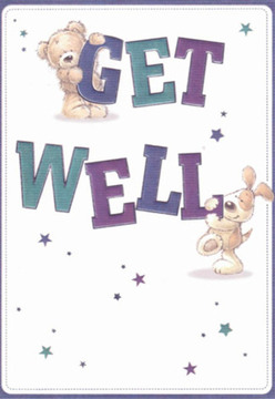 This charming get well card radiates joy and comfort, reminiscent of the warmth found in Catford's bustling Catford Broadway. At its heart are two adorable companions-a gentle bear with golden fur and a lively puppy whose floppy ears cascade over the bold, energetic letters. The bear perches atop 'GET,' its friendly face exuding kindness, while the puppy cuddles close to 'WELL,' its presence adding playful support. The text itself is alive with shimmer, painted in rich shades of purple and teal that stand out against the card's bright, pristine canvas. Servings of starlight in blue and violet sprinkle across the design, infusing it with a touch of magic akin to the gentle guidance of Catford florists meticulously arranging a bouquet to lift the spirit. The tactile quality of the bear's plush fur and the puppy's soft coat is beautifully rendered, making the scene feel as soothing as holding a fresh posy from a trusted local shop. Light and airy, every brushstroke and element works together to create an atmosphere of hope, compassion, and genuine encouragement-perfect for offering comfort during times of healing. The overall effect mirrors the loving intention behind every arrangement thoughtfully delivered by Catford Flowers throughout the area.