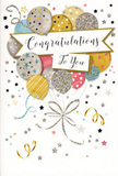 This congratulations card is illustrated as if it were a soft burst of celebration frozen in time, like the happy pause just after someone in Catford shares good news. The focus is on a lush bouquet of balloons at the centre, each one rounded and slightly translucent in tone, painted in a sophisticated mix of gold, silver, champagne, sky blue, blush pink, and gentle grey. Each balloon carries its own character-some are sprinkled with tiny stars, others brushed with fine glitter, and a few dressed in slim stripes-together creating a textured, layered look that feels almost three-dimensional. Their curling ribbons trail down in intertwined lines of metallic gold and silver, echoing the looping shapes of streamers hung for a party in a cosy Catford living room. Around the balloons, the background remains soft and pale, scattered with miniature stars, delicate dots of confetti, and swirling strokes that drift upward as if caught in a light breeze off Mountsfield Park. Across the middle of the card, a graceful banner spreads from side to side, carrying the message Congratulations To You written in elegant, flowing calligraphy that suggests both pride and tenderness. The palette is bright yet refined, more glow than glare, making the design suitable for a wide range of achievements: exam results, a long-awaited promotion, or a personal milestone reached quietly but meaningfully. The card has the atmosphere of a tasteful celebration, the visual equivalent of offering a hand-tied bouquet and a warm embrace, letting the illustration speak the sincere, joyful words that may be difficult to capture in a simple sentence.