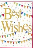 This Best Wishes card is designed like a snapshot of a joyful celebration, the sort of thoughtful touch you might add to a bouquet delivered to a new flat near Hither Green or the heart of Catford. At the centre, the words Best Wishes sweep across the page in bold, flowing gold script. The lettering is slightly raised and gleaming, with a subtle glitter effect that catches the eye without feeling brash, set against a smooth white background that gives the design space to breathe. Above and below the message, strings of bunting arc gently, evoking cheerful decorations hung for a neighbourhood party. Each tiny triangular pennant is painted in a vivid hue-bright blues, greens, reds, yellows, and pinks-and decorated with charming patterns, from fine stripes to playful polka dots and tessellated motifs, suggesting movement as if fluttering lightly in a warm breeze. Dotted between these elements are small stars and confetti-like spots of colour, scattered across the card with an easy, unforced rhythm, like the last pieces of confetti drifting down after a toast. The composition feels sunny and hopeful, with a balance of refined white space and lively colour that keeps the focus on the simple, heartfelt message. This is a versatile congratulations card, perfect for marking exams, promotions, new jobs, or moves around SE6, and its mood is one of thoughtful encouragement and shared happiness. Rather than loud fanfare, it offers a gentle, affirming celebration-a visual reminder that someone nearby is rooting for you and wishing you the very best.