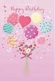 This birthday card artwork captures a whimsical, uplifting moment, as if a pastel bouquet has just been released into the Catford sky above Mountsfield Park. The background is a soft, powdery pink, providing a calm, romantic stage for a playful cluster of balloons that drift upward in a loose arc. Their colours are soothing and joyful: cotton-candy pink, mint and sea green, lemon yellow, lilac, and a touch of soft coral, each balloon given life with fine details. Some are wrapped in candy-striped ribbons, others bloom with perfectly spaced polka dots, and one heart-shaped balloon glows at the centre, radiating a quiet message of love and birthday wishes. Below this airborne parade, a compact bouquet of roses and anemone-like blossoms sits at the base, as though anchoring the balloons in place. The flowers are rendered in creamy ivory, blush, and gentle mauve, their petals delicately layered and slightly ruffled, reminiscent of the hand-tied posies prepared by Catford Flowers for local birthday deliveries. Fresh green leaves peek out between the blooms, adding a natural balance to the pastel tones. The stems are gathered and finished with a violet satin bow that catches the light with a soft shine, suggesting the smooth texture of real ribbon. Scattered around the arrangement, tiny stars and fluttering butterflies create a fairy-tale atmosphere, hinting at movement and a cool, sweet breeze. The lighting is bright yet gentle, highlighting the balloons' rounded shapes and the flowers' natural curves, producing an overall feeling of lightness, joy, and celebration that fits perfectly with a birthday meant to feel bright, thoughtful, and unforgettable.