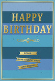 A beautifully composed blue and gold birthday card is shown as though displayed beside a fresh arrangement from Catford Flowers, ready to brighten a cosy front room near Ladywell Fields. The card's background consists of generous horizontal bands of blue, each stripe subtly shifting in shade from deep, evening navy at the bottom to a soft, hopeful morning blue toward the top. The surface appears smooth and matte, allowing the colours to feel calm and steady rather than glossy. In the centre, the phrase HAPPY BIRTHDAY rises in bold, embossed gold lettering, each capital slightly rounded at the edges, catching the light with a gentle metallic glint that feels luxurious but not extravagant. Beneath this greeting rests a decorative golden flourish, shaped like an elegant scroll that adds a touch of vintage charm, echoing the kind of thoughtful detailing a florist uses when tying a perfect ribbon. Below the flourish, three slim golden banners are placed one above the other, each one delicately raised and carrying sections of the warm message: Relax, have a great day and enjoy! The gold on both letters and banners shines softly, standing out clearly against the cooler blues without overwhelming them. Around the entire design, a fine gold border frames the card, giving it a finished, gallery-like presence, as if it were a small artwork dedicated to the recipient's special day. The overall feeling is one of quiet joy and composure - a card chosen for someone who appreciates elegance, gentle colour, and the invitation to slow down and truly savour their birthday from first cup of tea to the last opened gift.