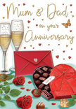 Richly illustrated anniversary card design evoking a cosy, romantic scene for Mum and Dad, as though set in a welcoming Catford home after a shared toast. Two tall, graceful champagne flutes rise from the centre, each filled with pale, sparkling gold, the bubbles suspended mid-ascent as if captured at the exact second of a heartfelt cheers. In front of them sits an open heart-shaped box of chocolates, its curved edges softened by a lavish red bow that cascades across the lid, suggesting silky texture and thoughtful presentation. Several chocolates peek from their compartments, their dark, glossy shells inviting a slow, indulgent bite. To one side, two deep red roses nestle against lush green leaves, their petals tightly layered and velvety, reminiscent of a carefully chosen bouquet ready for delivery anywhere around Catford and Hither Green. Tiny gold accents and floating crimson hearts sprinkle the background, radiating a sense of joy and celebration. The hand-lettered Mum & Dad message anchors the card emotionally, turning the generic romance into a specific, family-focused tribute. A striking scarlet envelope rests nearby, its clean lines and sealed flap hinting at a handwritten message full of affection and shared memories. The illustration is bathed in a warm, diffused glow, like evening light filtering through curtains, giving the scene a tender, intimate feel and capturing the sweetness, warmth, and enduring happiness that an anniversary for beloved parents truly represents.
